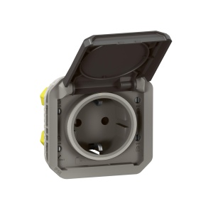 LEGRAND, Plexo Insertie noua, priza rezistenta la umezeala, standard Schuko, incl. capac cu balamale, protectie la contact, terminale plug-in, 16A, 250 volti, IP44 - IK08 (IP55 cu capac inchis), antracit, 069571L