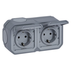 LEGRAND, Plexo Priza noua rezistenta la umiditate, 2 cai, standard Schuko, inclusiv capac cu balamale, protectie la contact, precablata, terminale plug-in, orizontala, IP44 - IK07, culoare: gri, 069742L