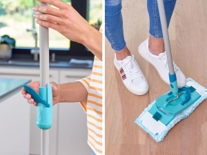 Leifheit Set CLEAN Twist M Flat Mop Ergo 2.0, mop de podea cu capac supersoft pentru curatarea umeda pe parchet, laminat si lemn natural, mop cu sistem de clic, mop cu tehnologie centrifuga - Img 3