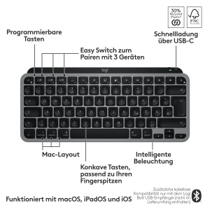 Logitech MX Keys Mini pentru Mac - Tastatura Wireless Minimalista pentru MacBook Pro, MacBook Air, iMac, iPad, Bluetooth, Taste Iluminate, USB-C, Tastare Lina, RO QWERTZ - Gri - Img 7