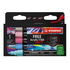 Marker acrilic STABILO FREE T300, 20 culori, uscare rapida, rezistent la lumina