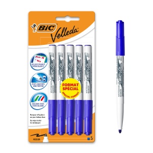 Marker BIC Velleda 1741, 5 bucati, albastru, varf mediu, usor de sters