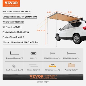 Markiza auto VEVOR ATSA1420, 1.4x2m, UV50, impermeabila, cu suport din aluminiu - Img 9