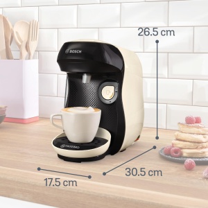 Masina de capsule Bosch Tassimo happy friendly TAS107E, peste 70 de bauturi, potrivita pentru toate canile, oprire automata, durabila, perfect dozata, economie de spatiu, 1400 W, crem/negru - Img 2