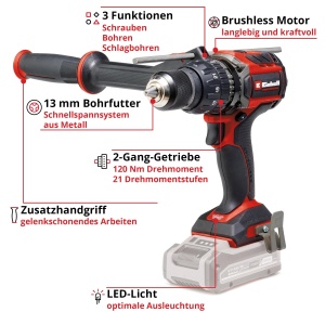 Masina de gaurit combinata cu acumulator Einhell Professional TP-CD 18/120 Li-i BL-Solo Power X-Change (18 V, fara perii, 120 Nm, functie de burghiu cu percutie, mandrina de gaurit de 13 mm, 2 viteze, fara baterie) - Img 3