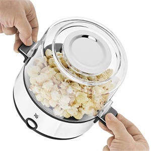 Masina de popcorn de bucatarie WMF minis pentru casa, aparat de floricele de porumb, plita acoperita, capac ca bol de servire, deschidere topita unt, floricele de porumb cu zahar si sare, economie de spatiu, otel inoxidabil mat - Img 16