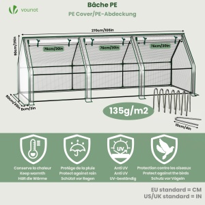Mini Sera VOUNOT 270x90x90 cm, Stabila, Alb, cu 3 Feronerie pentru Ventilare - Img 3