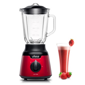 Mixer cu suport Ufesa BS4100 rosu chihlimbar, recipient din sticla 0.8L, functie de zdrobire a impulsului/ghetii, 2 viteze + puls, 4 lame din otel inoxidabil, 900 W, inchidere ermetica, fara BPA, inox rosu, exclusiv