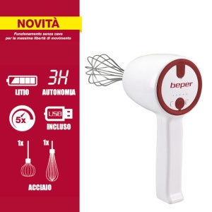 Mixer de mana Beper P102SBA007 fara fir 20W 5 viteze USB RosuAlb - Img 2