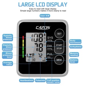 Monitoare de tensiune arteriala CAZON Monitor digital complet automat al tensiunii arteriale Masurarea ritmului cardiac Masurarea tensiunii arteriale mare cu manseta mare 2x120 Negru cu utilizator dublu - Img 8
