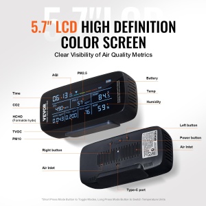 Monitor de calitate a aerului VEVOR 9-IN-1 CO2 Temperatura Umiditate Formaldehida TVOC AQI Tester profesional PM2.5 PM10 PM1.0 Contor de particule interior / exterior Contor de particule Contor de aer Contor de particule Contor de aer cu praguri de alarma - Img 5