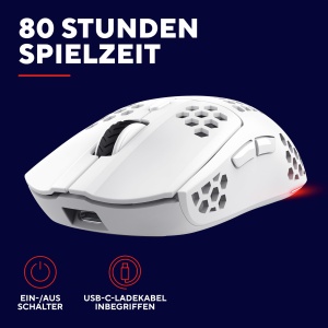 Mouse Gaming Wireless Trust Gaming GXT 929 Helox, Mouse Ultrausor 75g, 80h Utilizare Continua, Receptor Micro USB 2.4GHz, DPI Reglabil (800-4800), 6 Butoane Programabile, Gaming PC MMO - Alb - Img 5