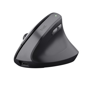 Mouse vertical reincarcabil Trust Yuno, mouse ergonomic wireless 2.4GHz, prevenirea cotului mouse-ului/cotului de tenis (sindrom RSI), 800-2400 DPI, 70% plastic reciclat, PC, laptop, Mac - negru
