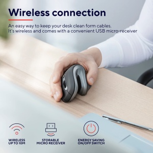 Mouse Wireless Ergonomic Trust Verro, Unghi Vertical de 60deg, Prevenirea Bratului Mouse/Cotului de Tenis (Sindromul RSI), 800-1600 DPI, 6 Butoane, Mouse Vertical Wireless pentru PC si Laptop - Negru - Img 3