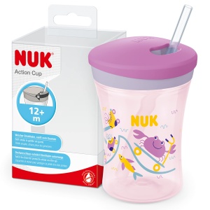 NUK Action Cup Pahar de baut pentru copii 12 luni 230 ml Capac rasucit cu paie moale Rezistent la scurgeri Fara BPA crab mov