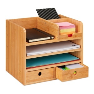 Organizer birou Relaxdays din bambus cu 2 sertare si 5 compartimente, 26,5 x 33 x 24 cm
