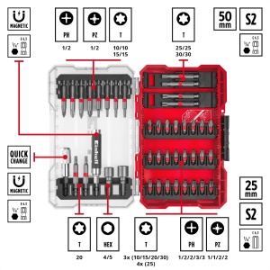 Original Einhell M-CASE 42 buc. Set de biti (biti de 25 mm, biti de 50 mm, suport magnetic, cheie tubulara, suport de biti cu eliberare rapida incl. cutie de depozitare) - Img 2