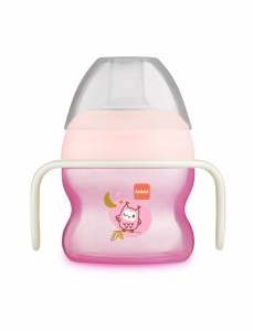 Pahar de invatare MAM, 150 ml, roz, cu manere luminoase, pentru bebelusi de la 4 luni