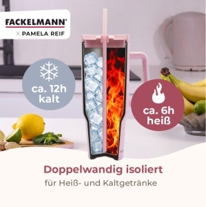Pahar izolat FACKELMANN 1200 ml, inox, roz, cu capac si pai - Img 4