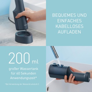 Panasonic seria 600 ata dentara cu ultrasunete EW-DJ66-A303, irigator dentar, irigator oral wireless, 200 ml, IPX7, 2 duze cu ultrasunete, 5 niveluri de presiune a apei, accesorii de calatorie, bleumarin - Img 8