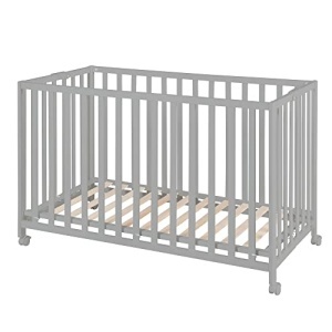 Pat pliabil pentru copii roba Fold Up 60x120 cm din lemn reglabil pe inaltime cu roti si frane Taupe - Img 2