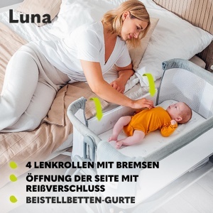 Patut co-sleeping Lionelo Luna reglabil pe inaltime si inclinare cu roti si saltea Beige - Img 5