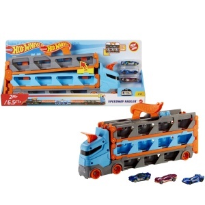 Pista de curse Hot Wheels 2-in-1 cu transportor, 180 cm, include 3 masini, pentru copii 4-8 ani