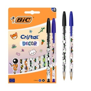 Pix BIC Cristal Decors Kawaii, 8 bucati, 1.0 mm, cerneala albastra si neagra
