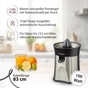 Presa de citrice Cloer 6815, 2-in-1, 100 W, inox, cu functie de oprire automata - Img 2