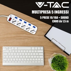 Priza multipla V-TAC cu 5 prize, 1016 A, 1.5m cablu, culoare alba - Img 3