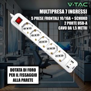 Priza multipla V-TAC cu 5 socketi, 2 USB, 1.5m cablu, culoare alba - Img 3
