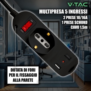 Priza multipla V-TAC cu USB-C 20W, USB-A, 3 prize, neagra - Img 3