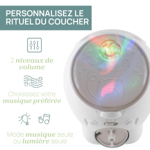 Proiector Urs Polar Chicco First Dreams, Proiector 2 in 1 pentru leagan si pat, Lumina de noapte pentru copii, Proiectie Aurora Borealis, Muzica clasica relaxanta si sunete ale naturii, Jucarii, 0 luni+, Neutru - Img 6