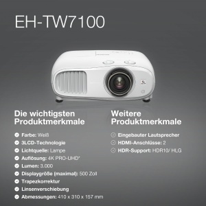 Projektor Epson EH-TW7100 4K PRO UHD 3000 Lumen 500 inch - Img 6