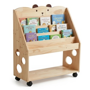 Raft pentru carti pentru copii Relaxdays, cu 4 compartimente, cu roti, design natural