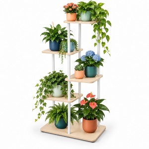 Raft pentru plante Relaxdays, 107 x 58 x 58 cm, design naturalAlb