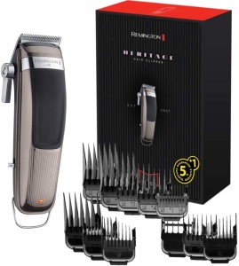 Remington Hair Clipper Profi Retro [auto-ascutire. Lame din otel inoxidabil cu parghie de reglare/motor profesional/0,5-25 mm] Set de tuns parul (11 piepteni de atasament, retea/baterie, litiu, geanta) HC9100