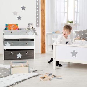 roba Raft de joaca Stars - Raft de jucarii pentru camera copiilor cu 5 cutii din tesatura - cu motiv stea - Raft de depozitare pentru baieti si fete - lemn alb - Img 5