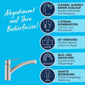 Robinet de bucatarie GROHE QUICKFIX Start - Baterie de chiuveta cu o singura parghie, DN15 (pivotare la 90deg, cu spray de pulverizare extrasa) supersteel, 30531DC1 - Img 5