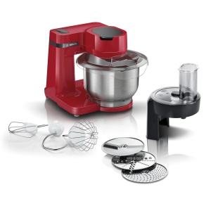 Robot de bucatarie Bosch Seria 2 MUMS2ER01, bol din otel inoxidabil 3,8 L, agitator planetar, carlig pentru aluat, tel, otel inoxidabil, tocator continuu, 3 discuri, 700W, rosu - Img 1