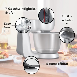 Robot de bucatarie Bosch Seria 4 MUM54251, bol 3,9 L, blender 1,25 L, masina de tocat carne, storcator de citrice, taietor de cubete, carlig de aluat, tel, tel, tocator continuu, 3 felii, 900 W, alb/argintiu - Img 3