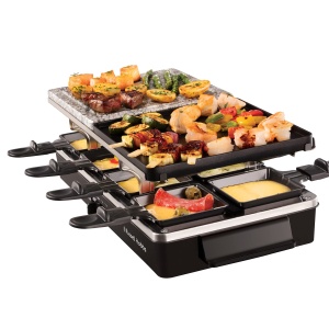 Russell Hobbs Raclette Grill 8 persoane [incl. 8 tigai si spatule din lemn, 2 placi de gratar de masa] Multi-Grill (piatra naturala cu canal de suc, placa reversibila cu acoperire antiaderenta cu nervuri) Negru,26280-56 - Img 2