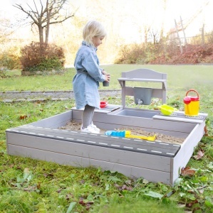 Sandbox cu Matschkuche Roba din Lemn Masiv FSC, Gri, pentru Copii de la 12 Luni - Img 2