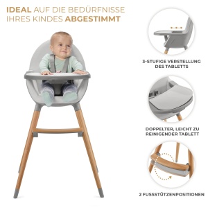 Scaun inalt Kinderkraft FINI2 2 in 1, scaun inalt pentru copii, scaun pentru copii, scaun inalt combi, picioare din lemn, centuri de siguranta, suport pentru picioare, tava dubla, de la 6 luni la 5 ani, curele in 5 puncte, gri - Img 4