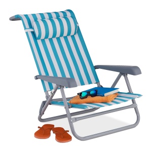 Scaun pliabil Relaxdays, 8 pozitii, cu perna pentru gat, albastruwhite