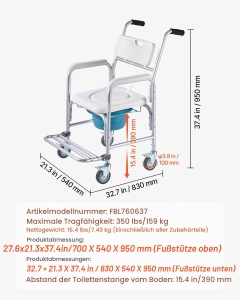 Scaun toaleta VEVOR FBL760637, capacitate 159 kg, cu roti si suport picioare - Img 7