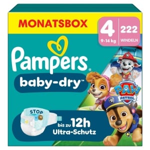 Scutece Pampers Baby-Dry Paw Patrol Editie Limitata, Marimea 4, 222 bucati, 9kg-14kg