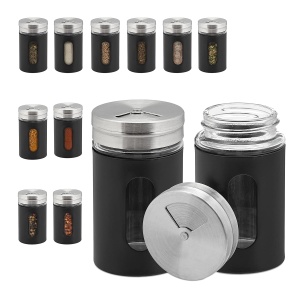 Set 12 Borcane pentru Condimente Relaxdays, 90 ml, NegruSilver, cu Capacitate de 3 Tipuri de Streu