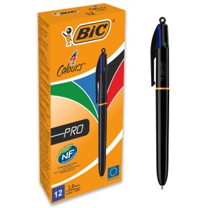 Set 12 Stilouri BIC 4 Culori Pro, Negru, Reumplibile, Ideal pentru Birou si Scoala