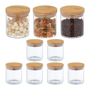 Set 9 Borcane Sticla cu Capac Bambus 500 ml, TransparentNatural